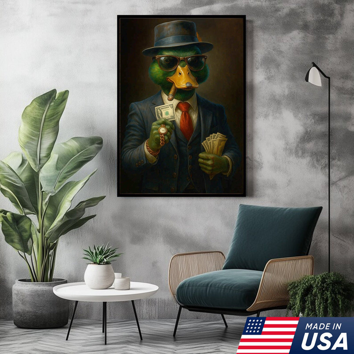 Gangster Duck Money Canvas Wall Art, Rich Boss Duck in Suit Holding Cash