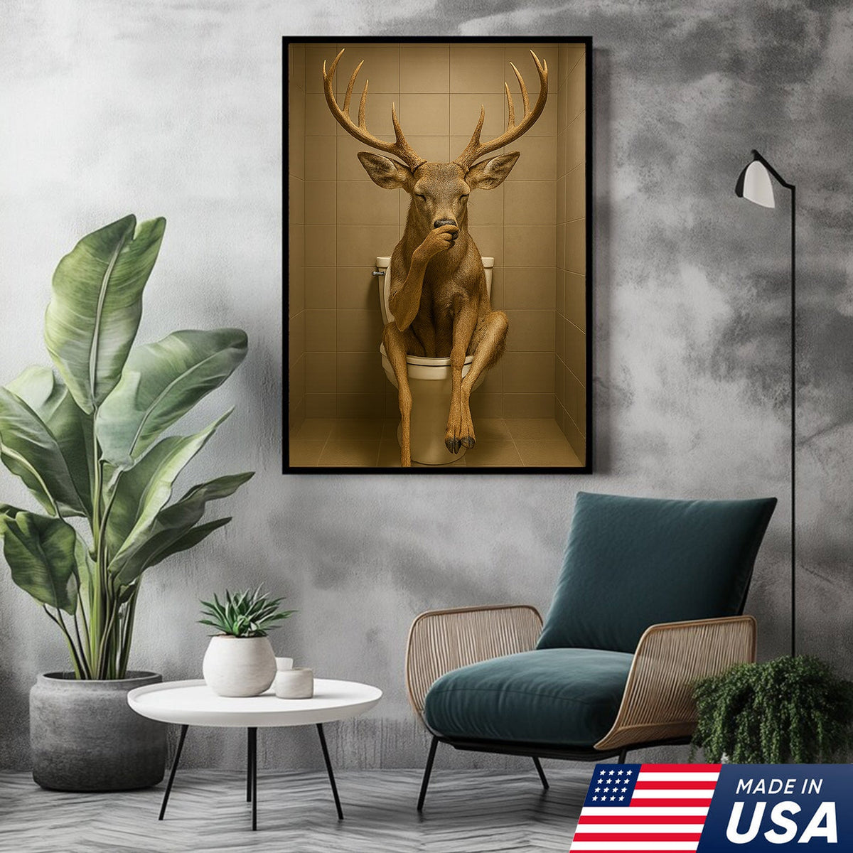 Funny Deer Bathroom Canvas Wall Art – Rustic Toilet Canvas for Cabin, Lodge & Man Cave Decor