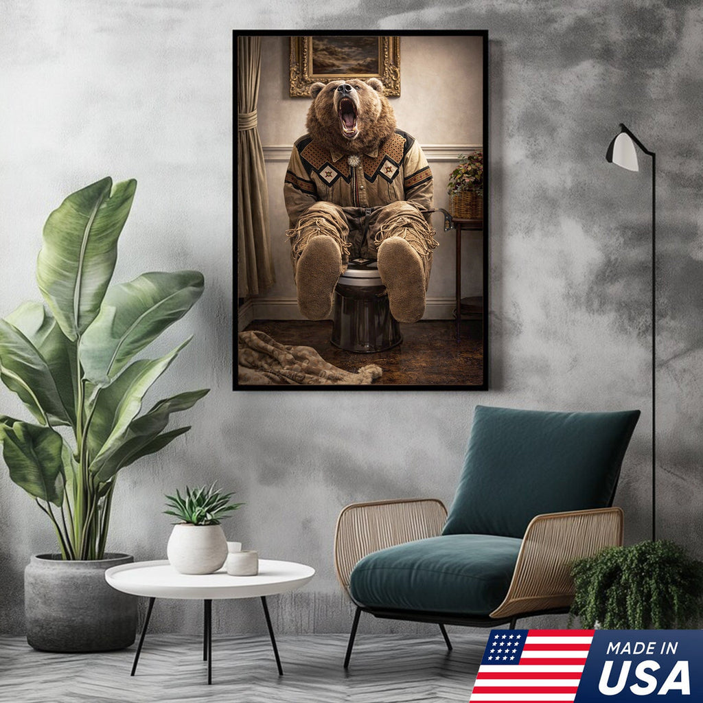 Funny Bear Bathroom Canvas Wall Art – Western Bear On Toilet