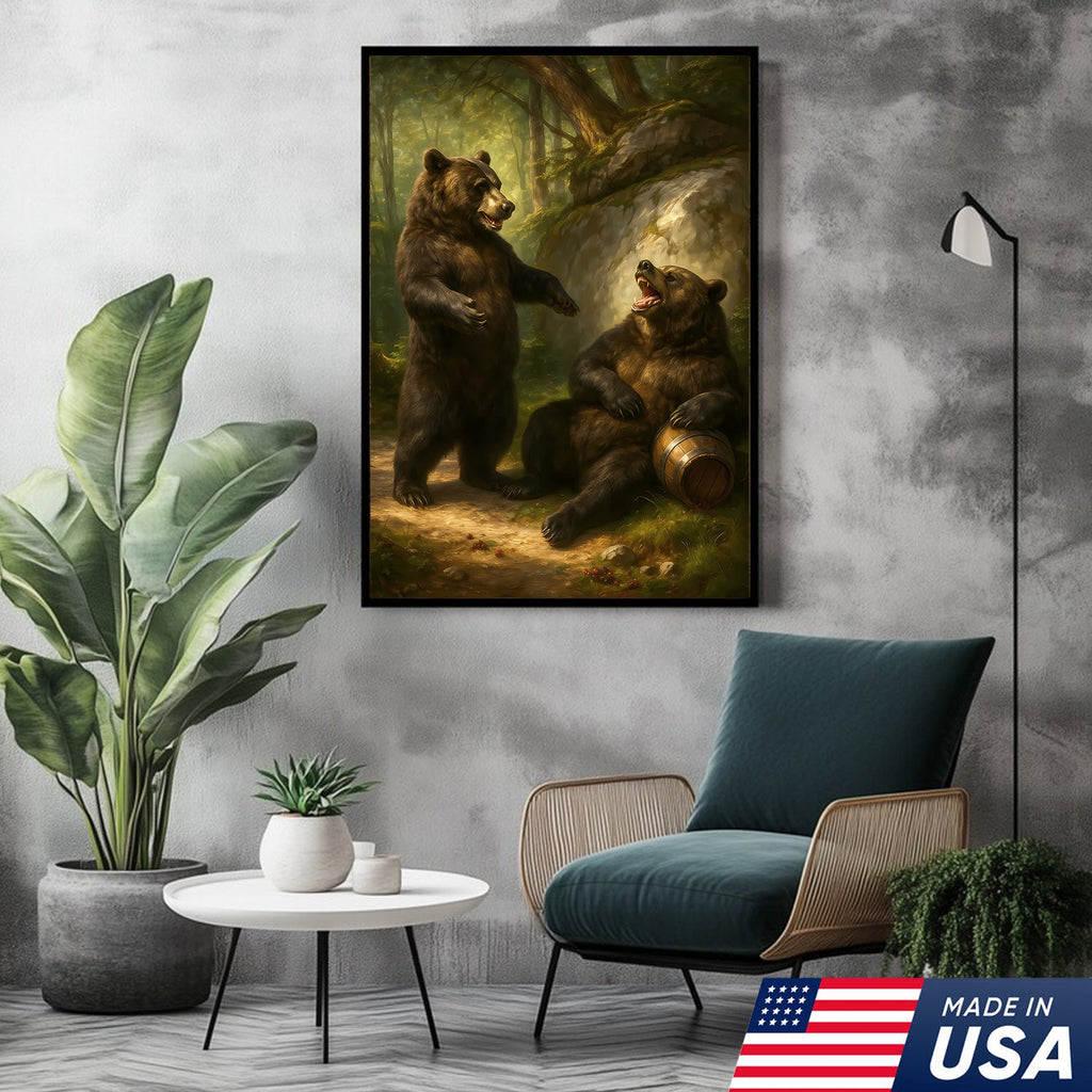 Funny Drunk Bears Canvas – Rustic Cabin Wall Art Gift for Hunters, Beer Lovers & Man Caves