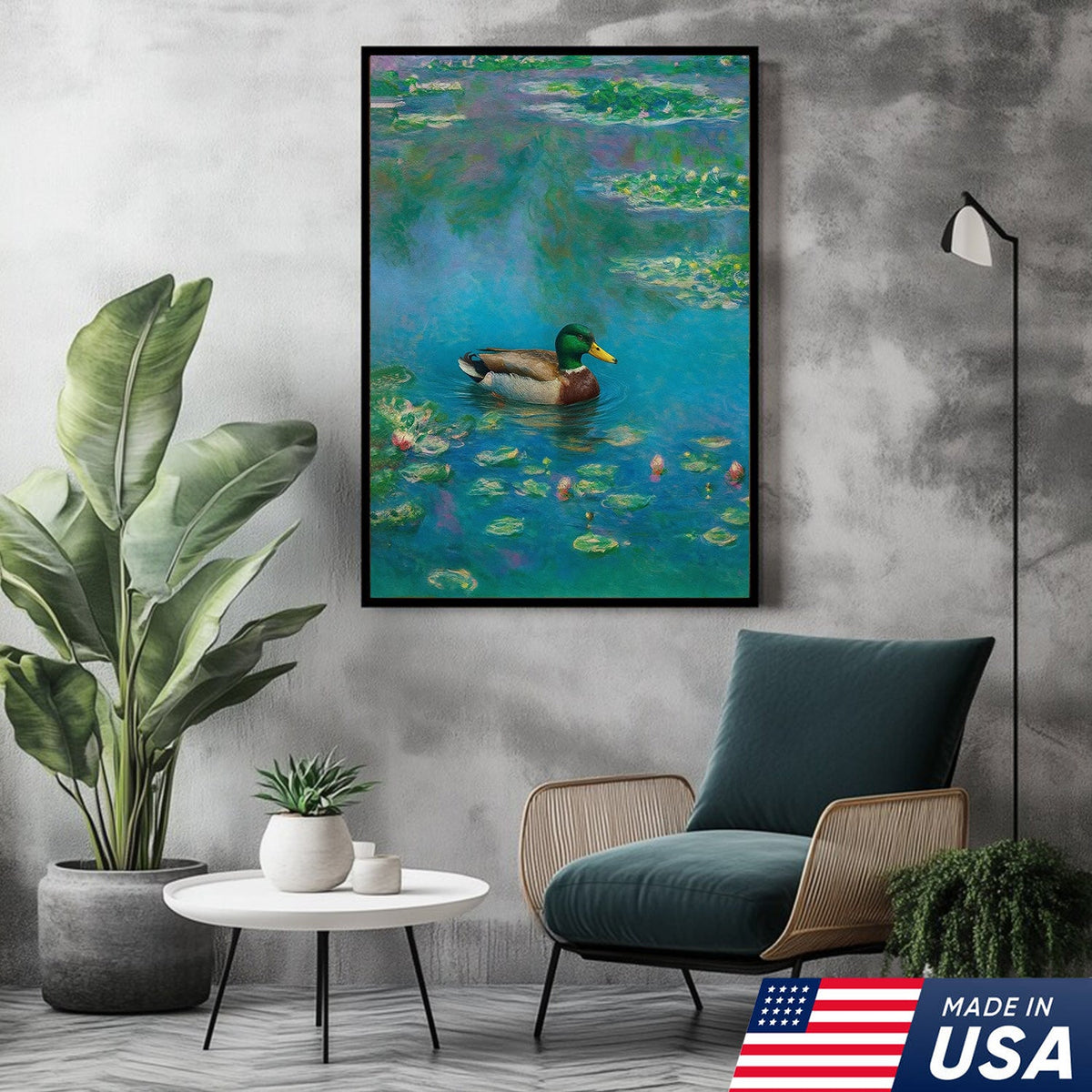 Serene Duck Pond Canvas Wall Art – Tranquil Mallard Painting – Rustic Cabin and Lodge Decor
