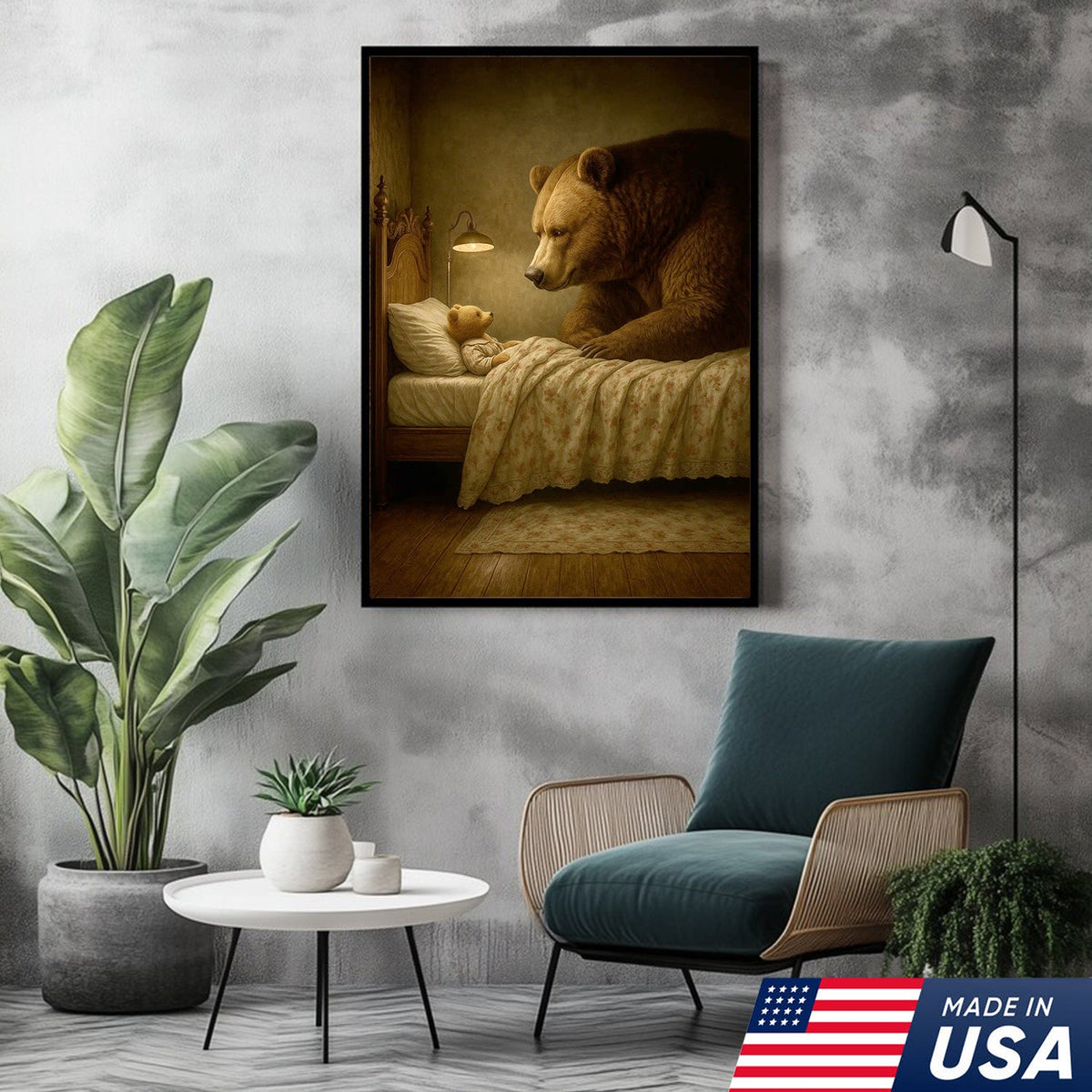 Mother Bear and Cub Canvas Wall Art, Whimsical Bedtime Wildlife Artwork