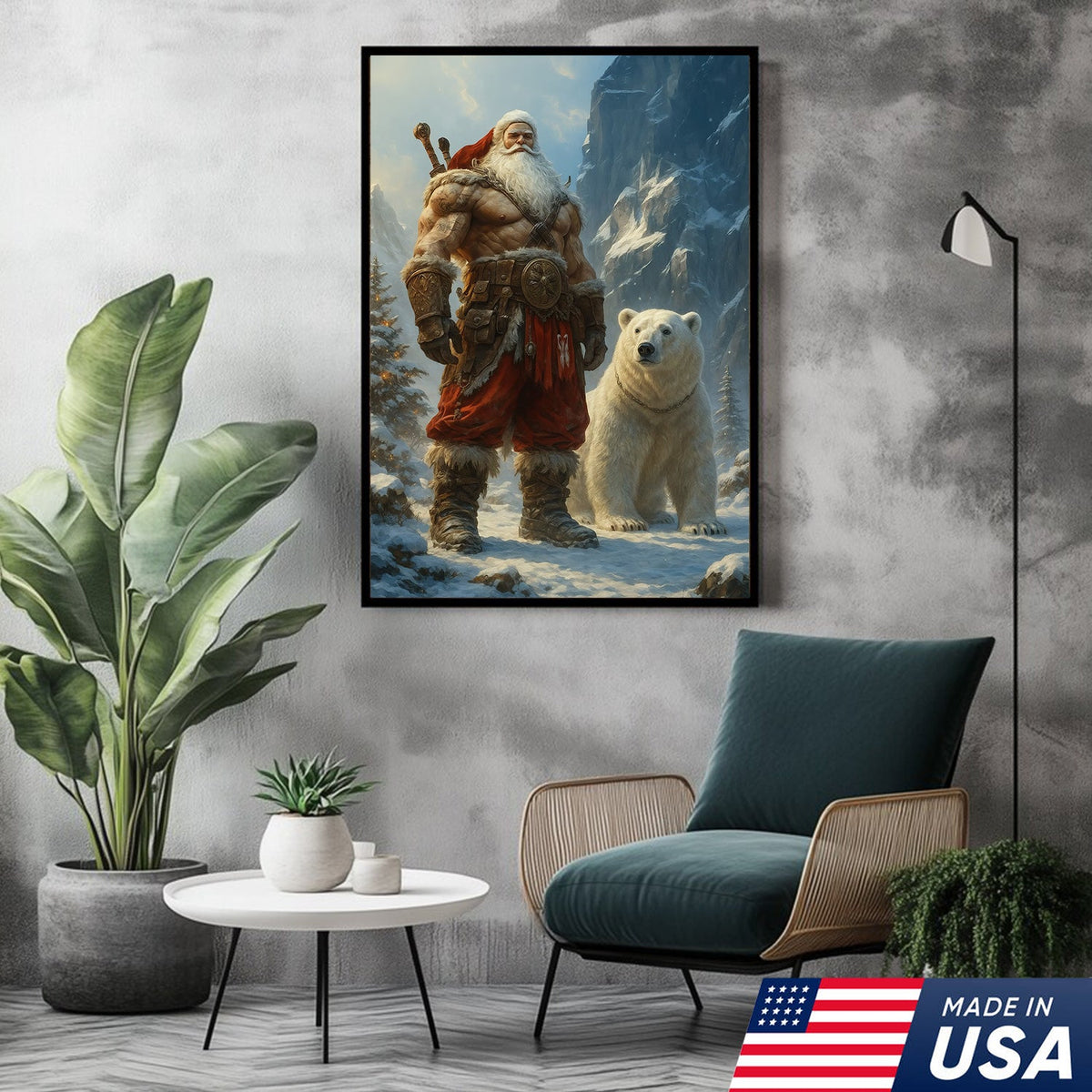 Viking Santa with Polar Bear Canvas Wall Art, Epic Christmas Warrior Decor