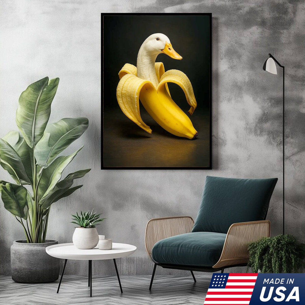 Banana Duck Canvas Wall Art, Surreal Fruit Animal Print, Funny Kitchen & Bathroom Decor