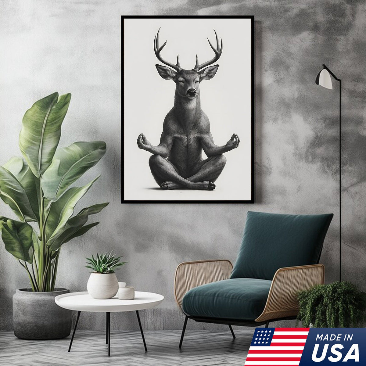 Yoga Deer Canvas Wall Art, Meditating Buck Minimalist Black and White Print, Peaceful Wildlife Zen Decor