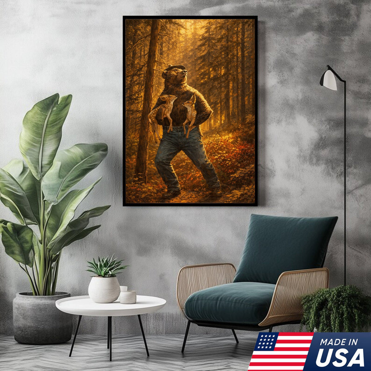 Protector of the Wild Canvas Wall Art – Bear Holding Fawns Forest Scene Print