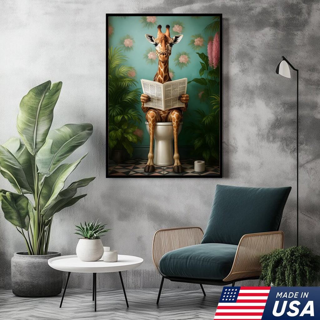 Funny Giraffe Bathroom Canvas Wall Art, Whimsical Animal Reading Newspaper Print