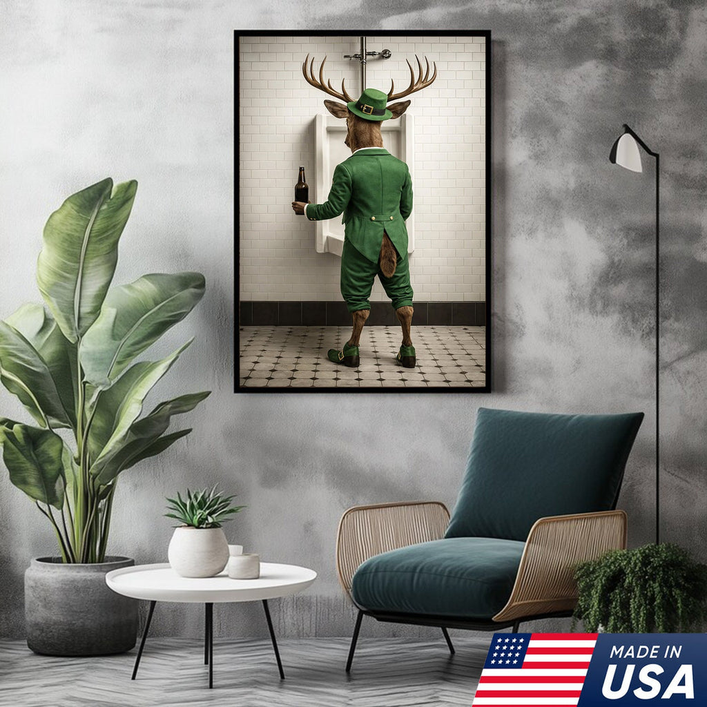 Funny Deer Canvas Wall Art, Leprechaun Buck Bathroom Humor Print