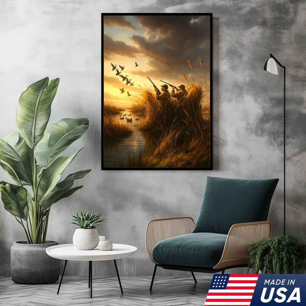 Duck Hunting Sunset Canvas – Rustic Wall Art for Hunters, Cabins & Outdoor Enthusiasts