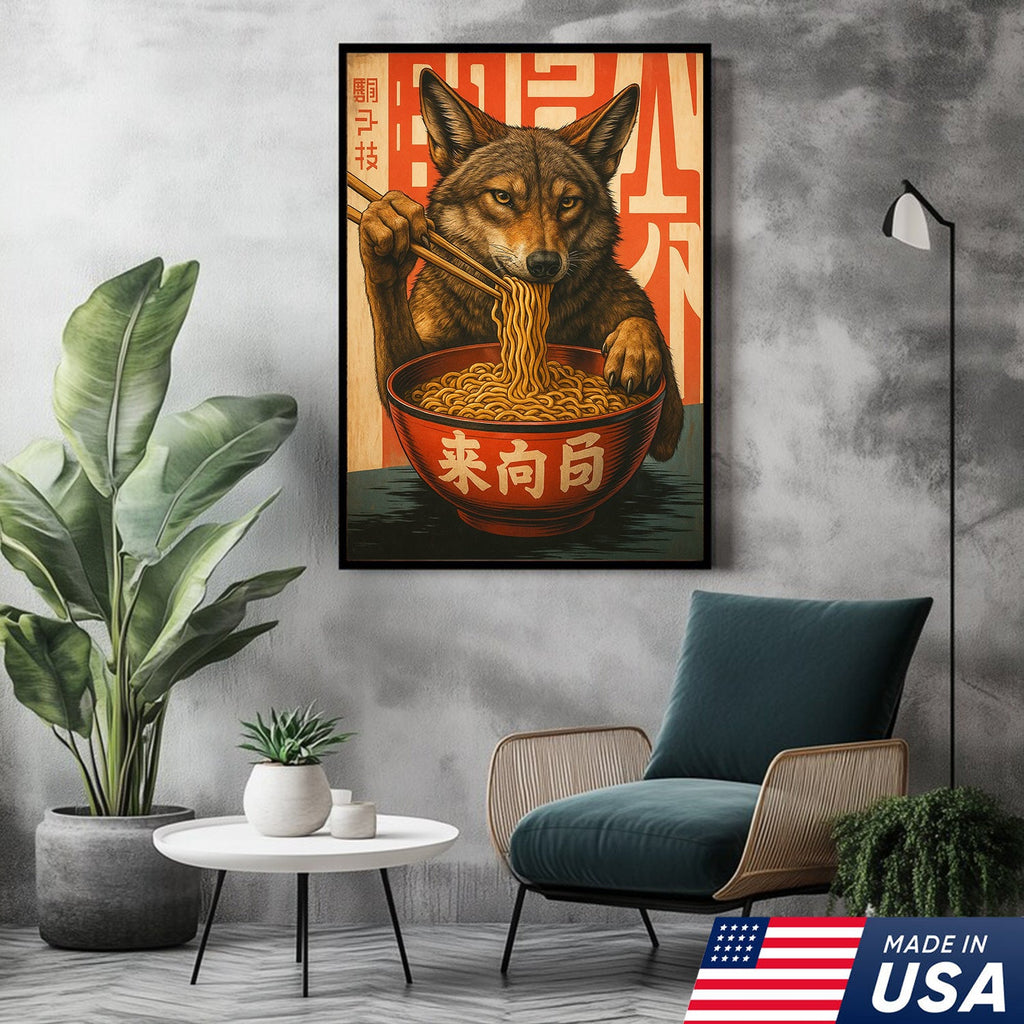 Funny Wolf Coyote Eating Ramen Canvas Wall Art, Quirky Animal Kitchen Decor