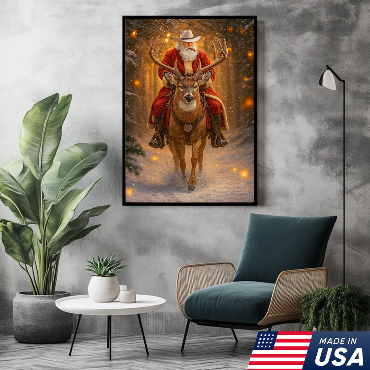 Cowboy Santa Riding Deer Canvas, Western Christmas Wall Art Decor