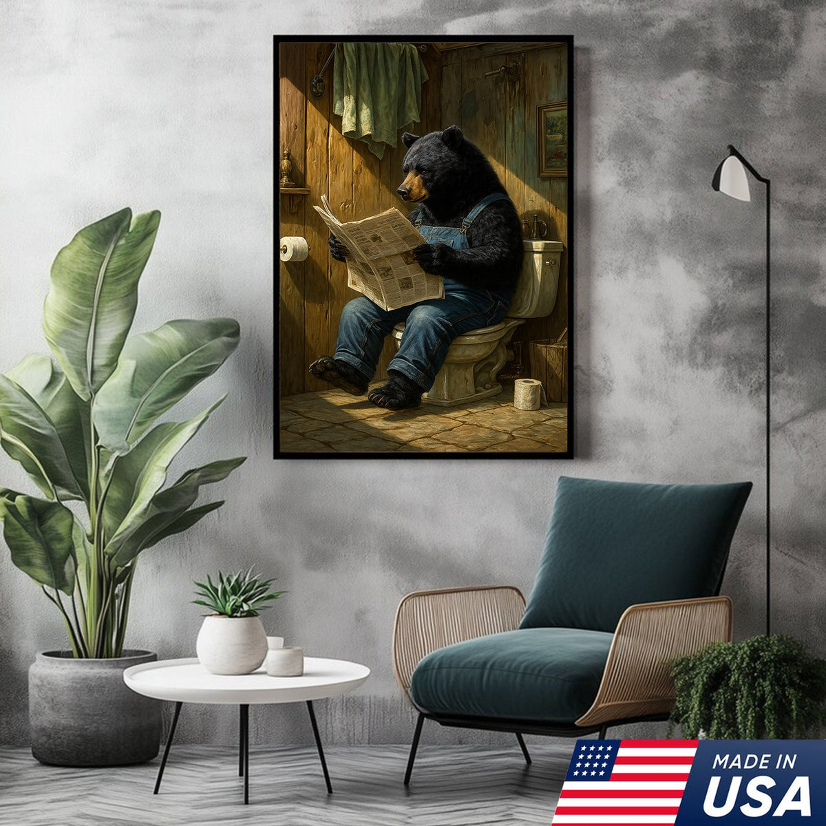Funny Bear Reading Newspaper Bathroom Wall Art Canvas – Humorous Rustic Animal Decor Print