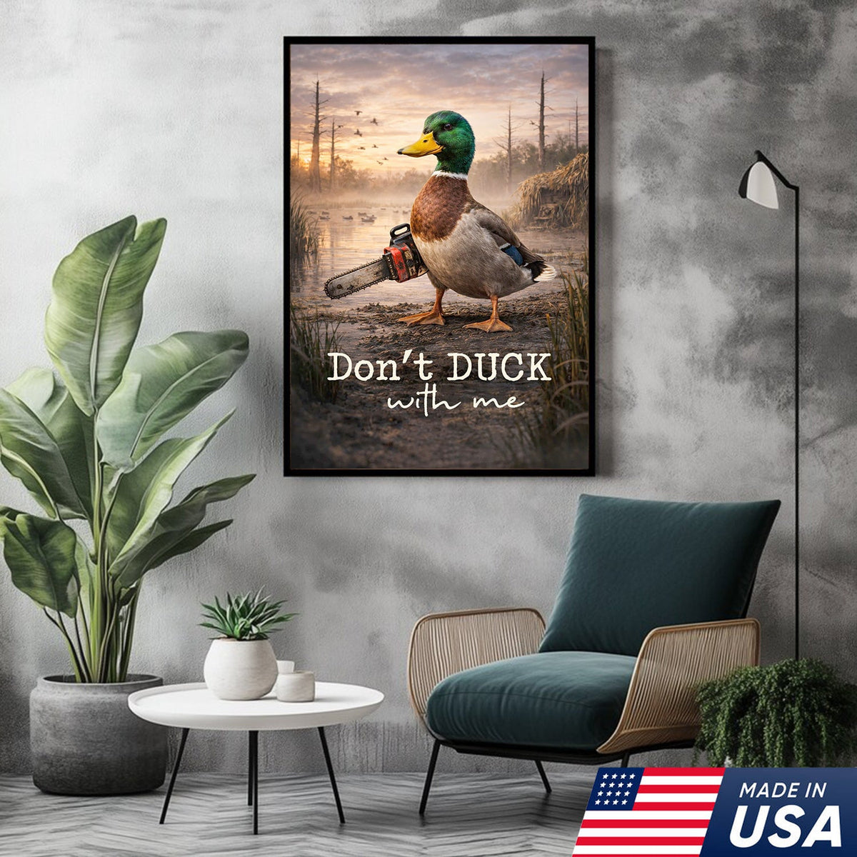 Don’t Duck With Me Canvas Wall Art, Funny Duck Chainsaw Artwork