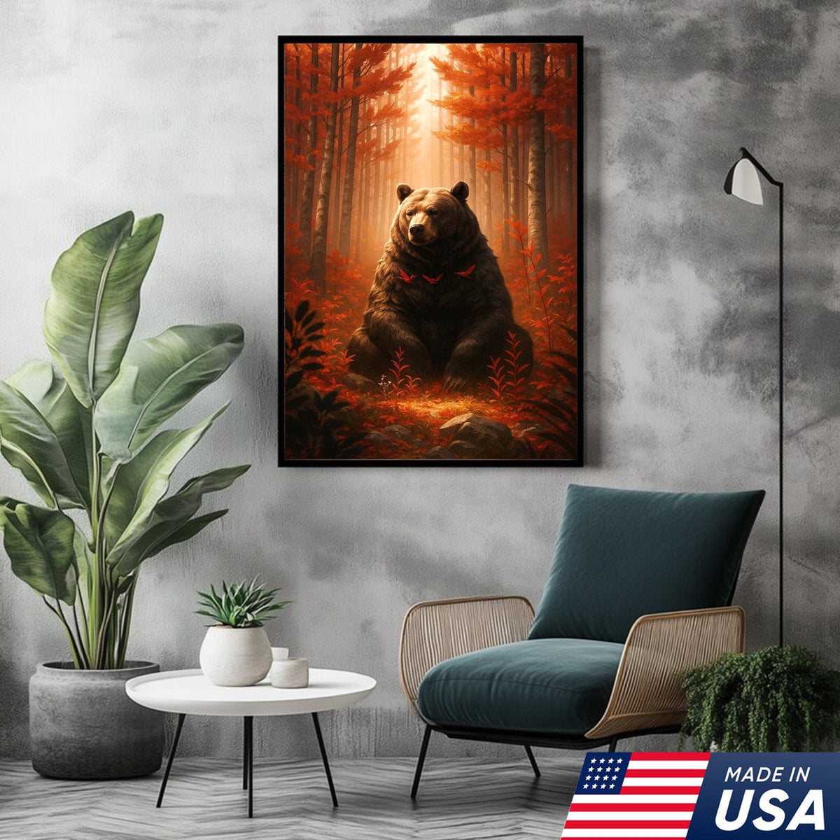 Autumn Forest Bear Canvas Wall Art, Majestic Brown Bear in Fall Woodland