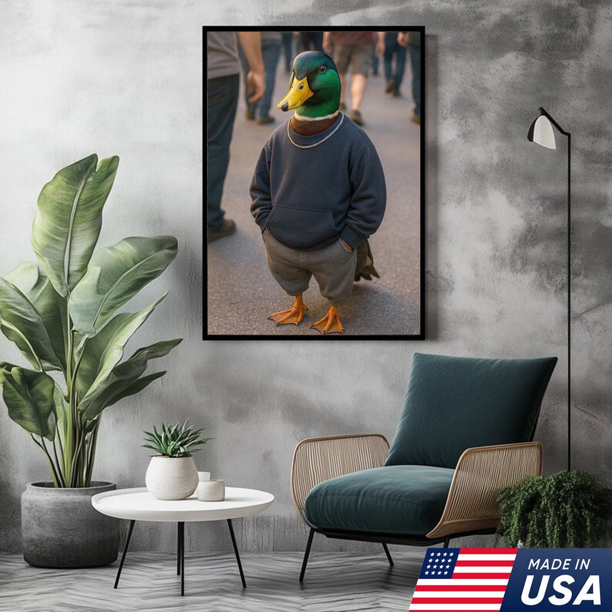 Funny Duck Canvas Wall Art, Cool Mallard in Hoodie Streetwear Poster