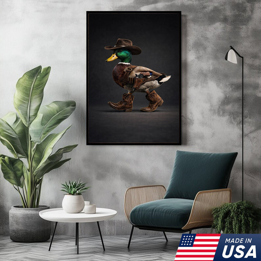 Funny Western Duck Canvas – Cowboy Duck Wall Art – Hunting Decor
