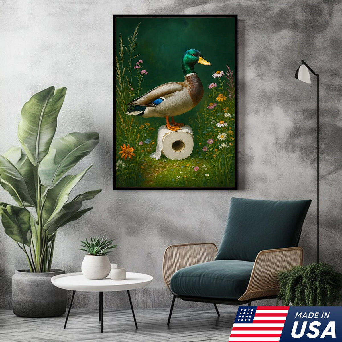 Duck on Toilet Paper Canvas Wall Art, Funny Bathroom Decor with Wildflowers