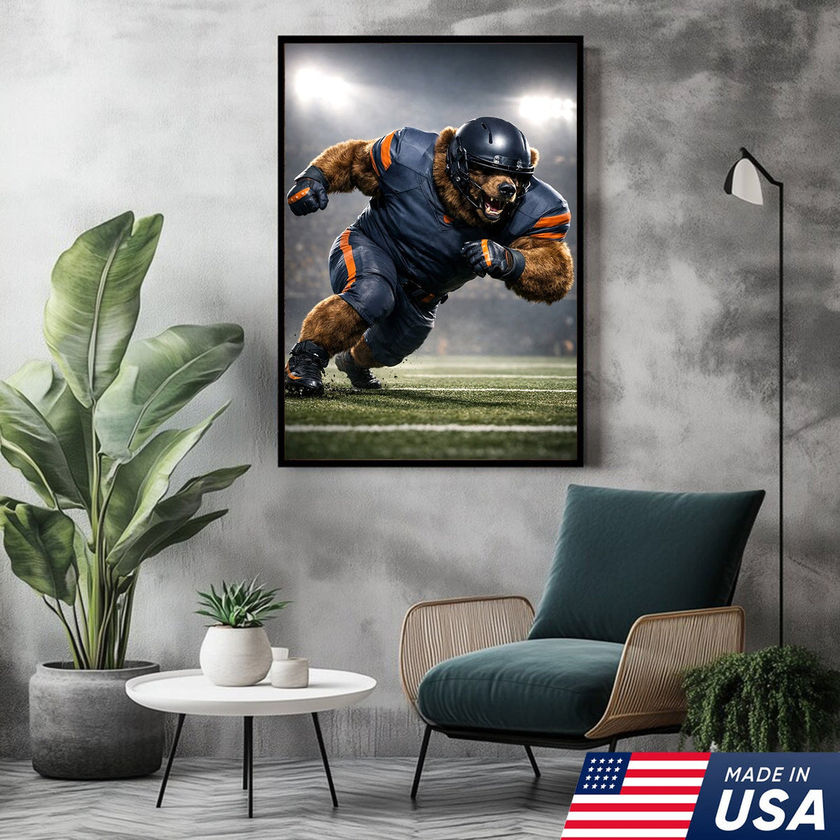 Raging Grizzly Football Canvas Wall Art – Powerful Bear Athlete Stadium Action Print