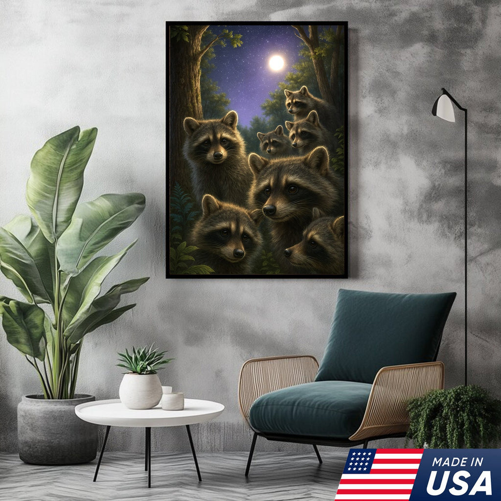 Raccoons Under Full Moon Canvas – Woodland Night Scene, Rustic Lodge Wall Art