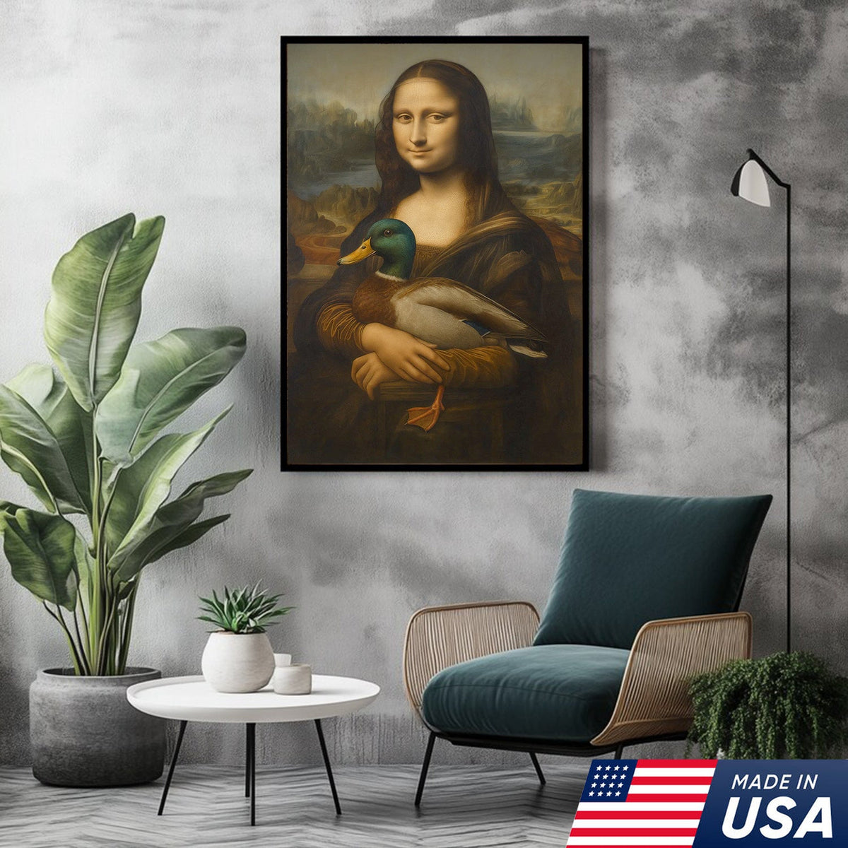 Funny Mona Lisa Duck Canvas Wall Art, Quirky Parody Painting Print for Bathroom or Office