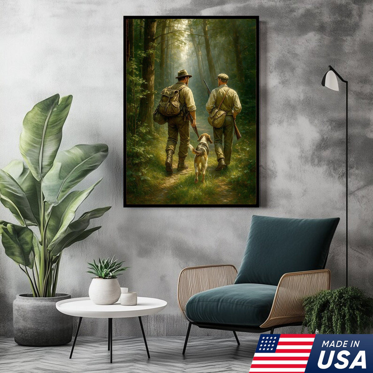 Hunting Canvas Wall Art – Hunters Walking with Dog in Forest – Rustic Cabin Decor
