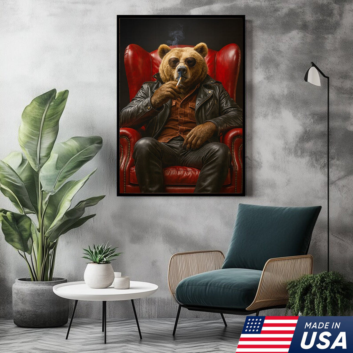 Cool Smoking Bear Wall Art Canvas – Badass Leather Chair Bear Canvas Print for Man Cave Decor