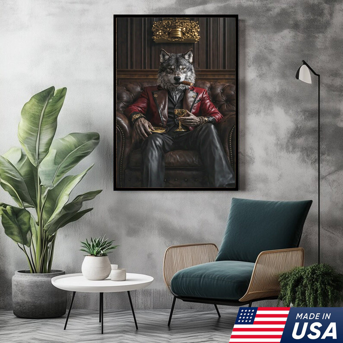 Luxury Alpha Wolf Canvas Wall Art, Aristocratic Wolf Gentleman Portrait