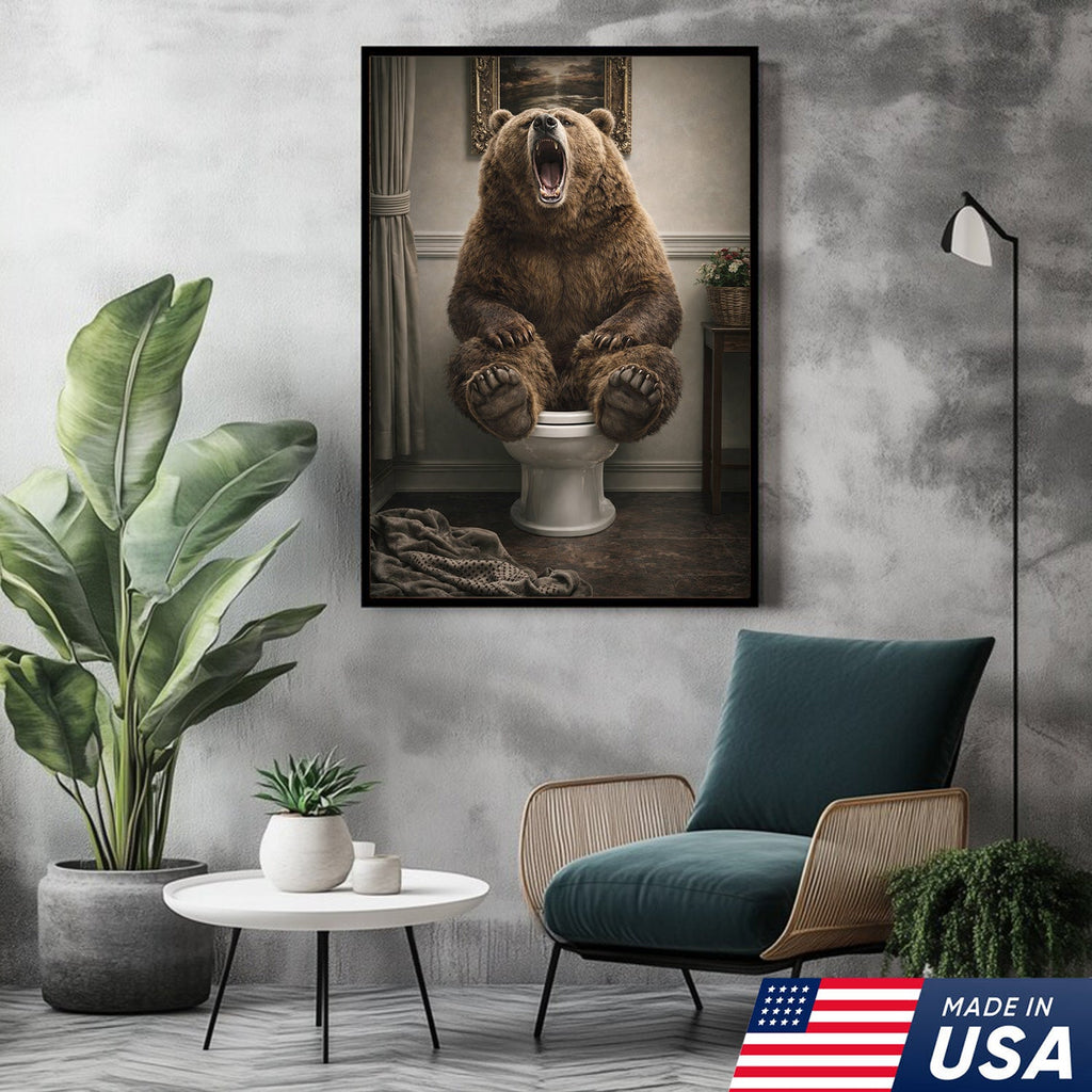 Funny Roaring Bear Bathroom Canvas Wall Art – Bear On Toilet Painting