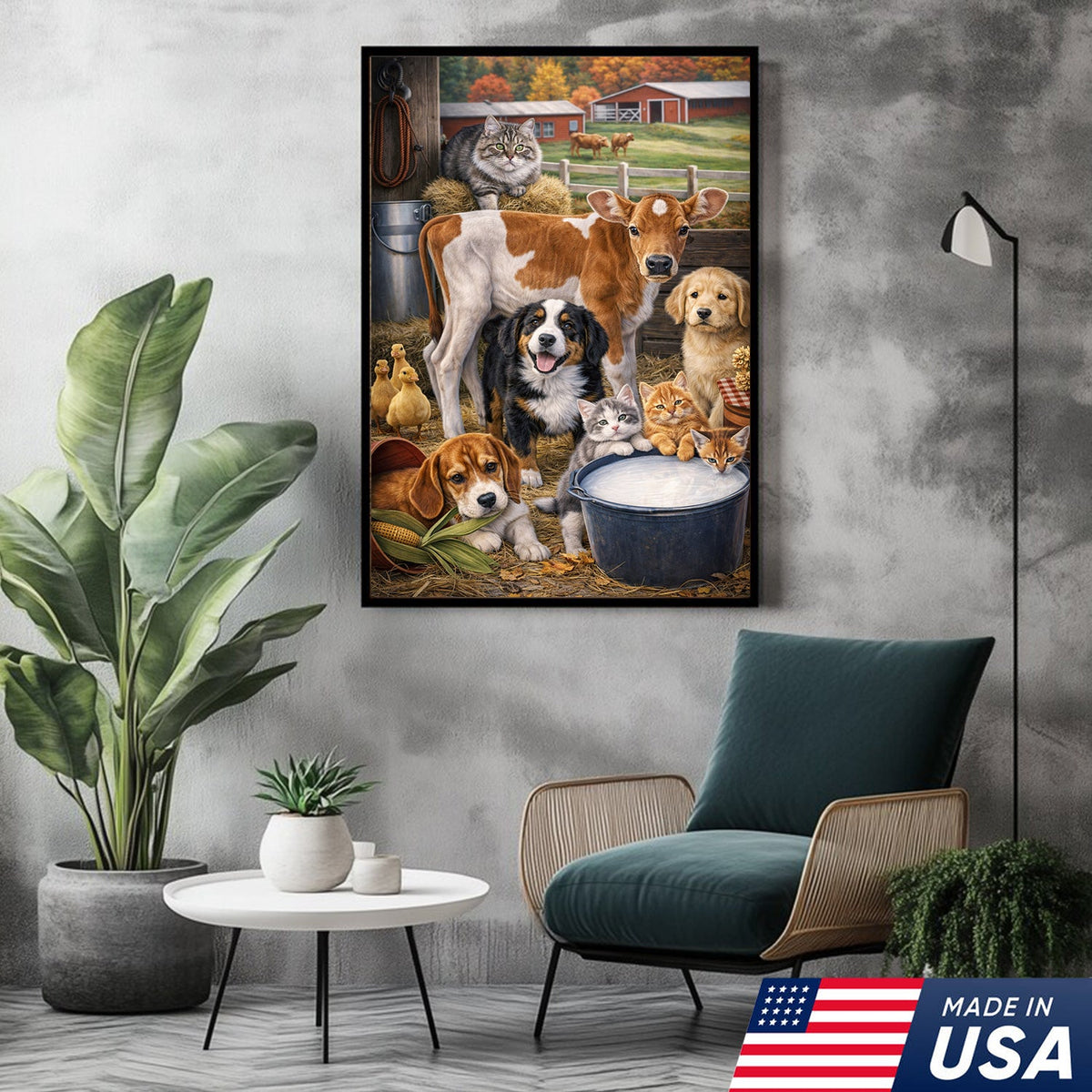 Farm Animals Canvas Wall Art – Cute Barn Animal Painting Cow Dog Cat Farm Decor
