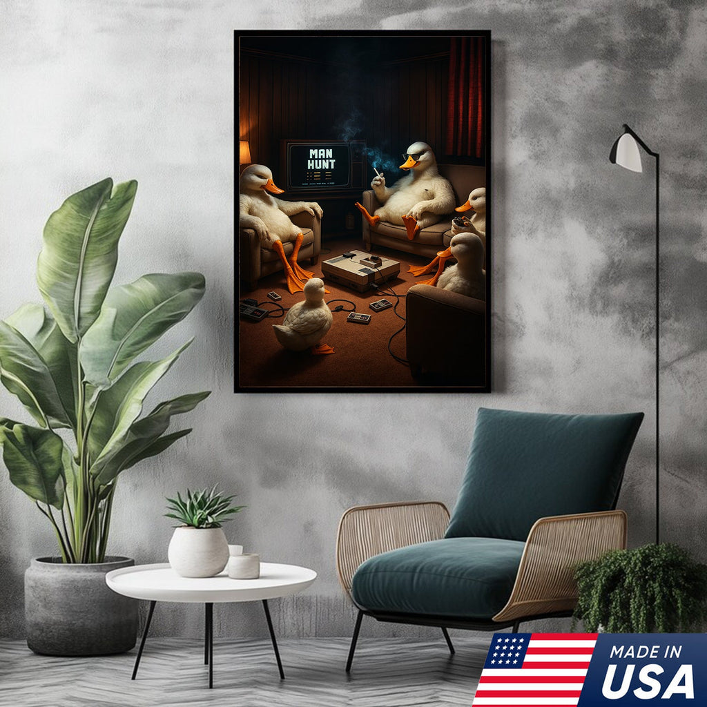 Gaming Ducks Retro Scene Canvas – Dark Humor Surreal Wall Art for Man Cave Decor