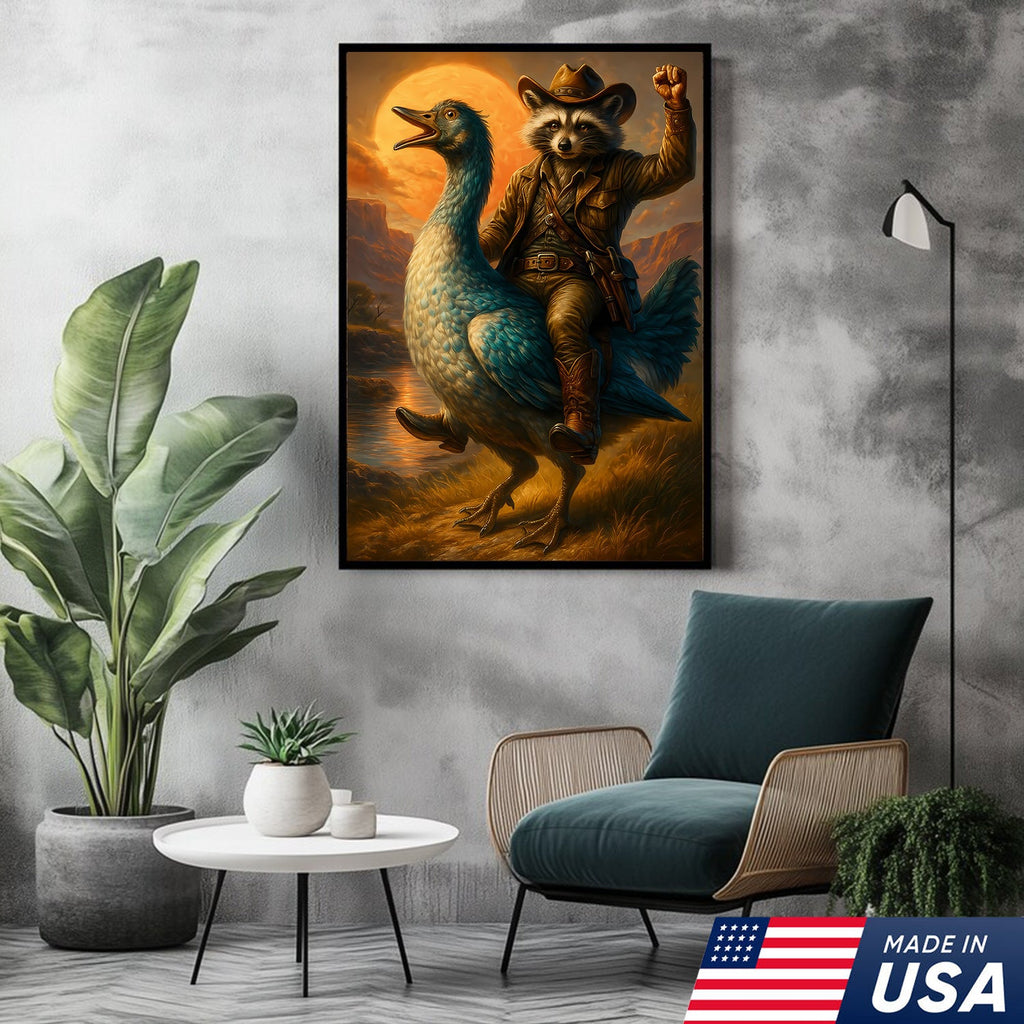 Raccoon Cowboy Riding Goose Canvas – Funny Western Wall Art for Hunters & Animal Lovers