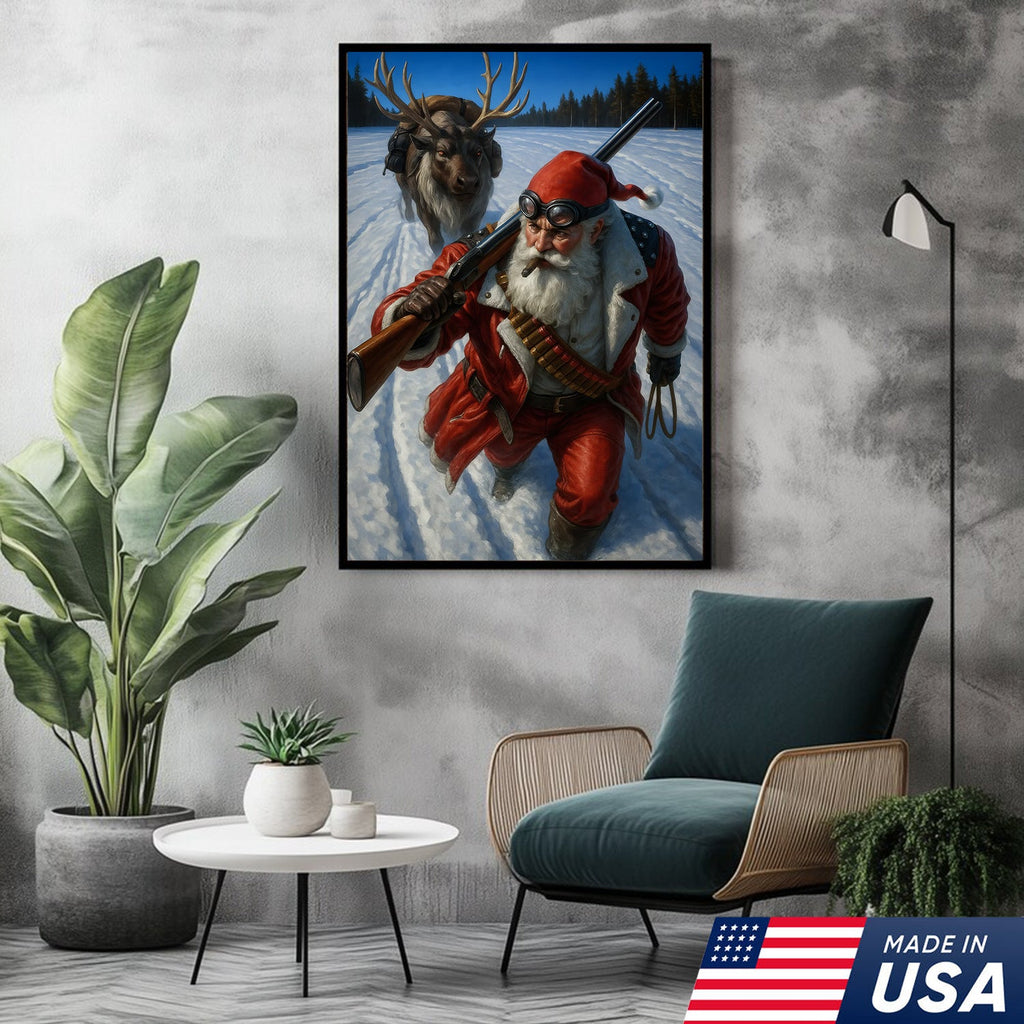 Action Santa Sprinting with Reindeer Canvas Wall Art, Epic Winter Christmas Decor