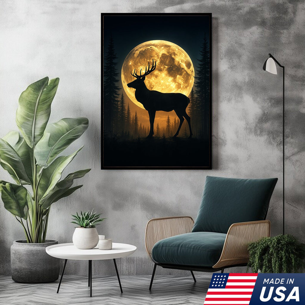 Moonlit Deer Silhouette Canvas – Rustic Forest Wall Art for Cabin & Lodge Decor