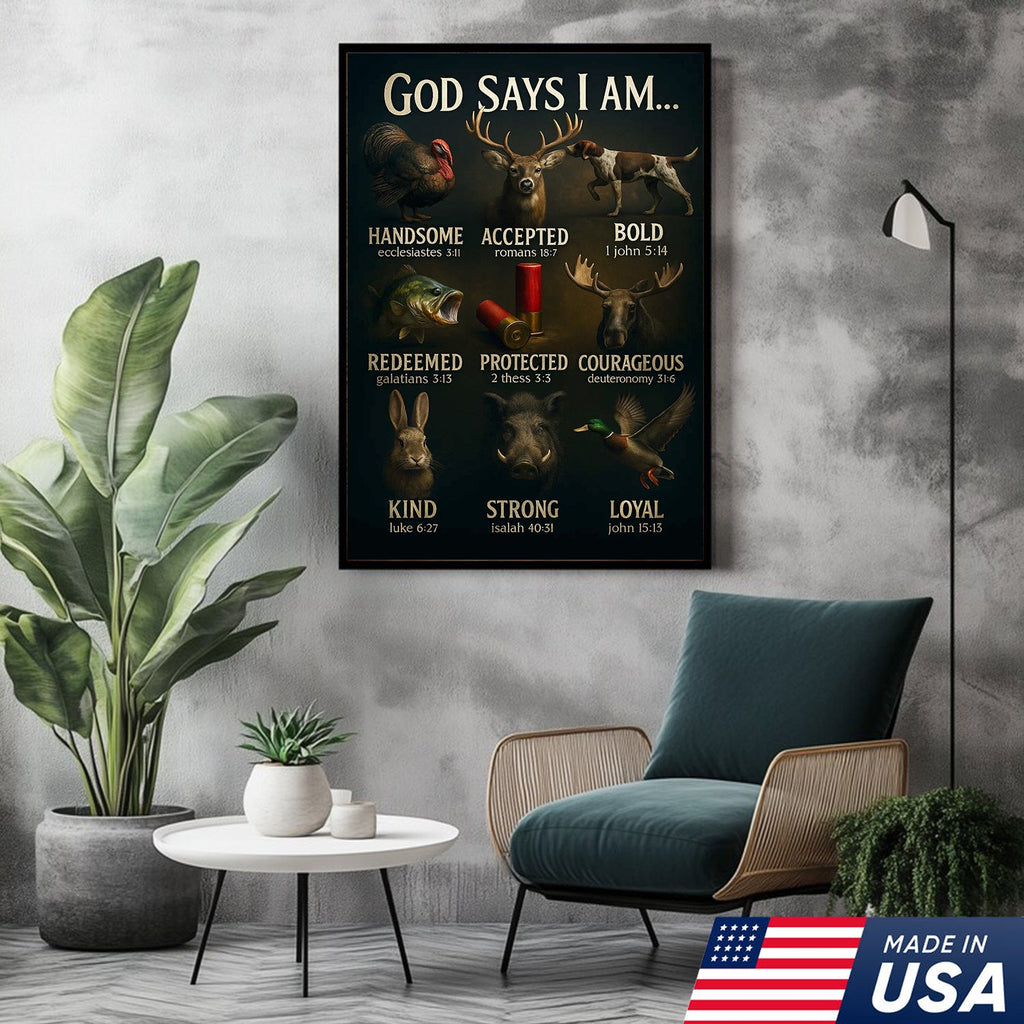 God Says I Am Hunting Canvas, Christian Wildlife Wall Art with Deer, Turkey, Duck, and Moose