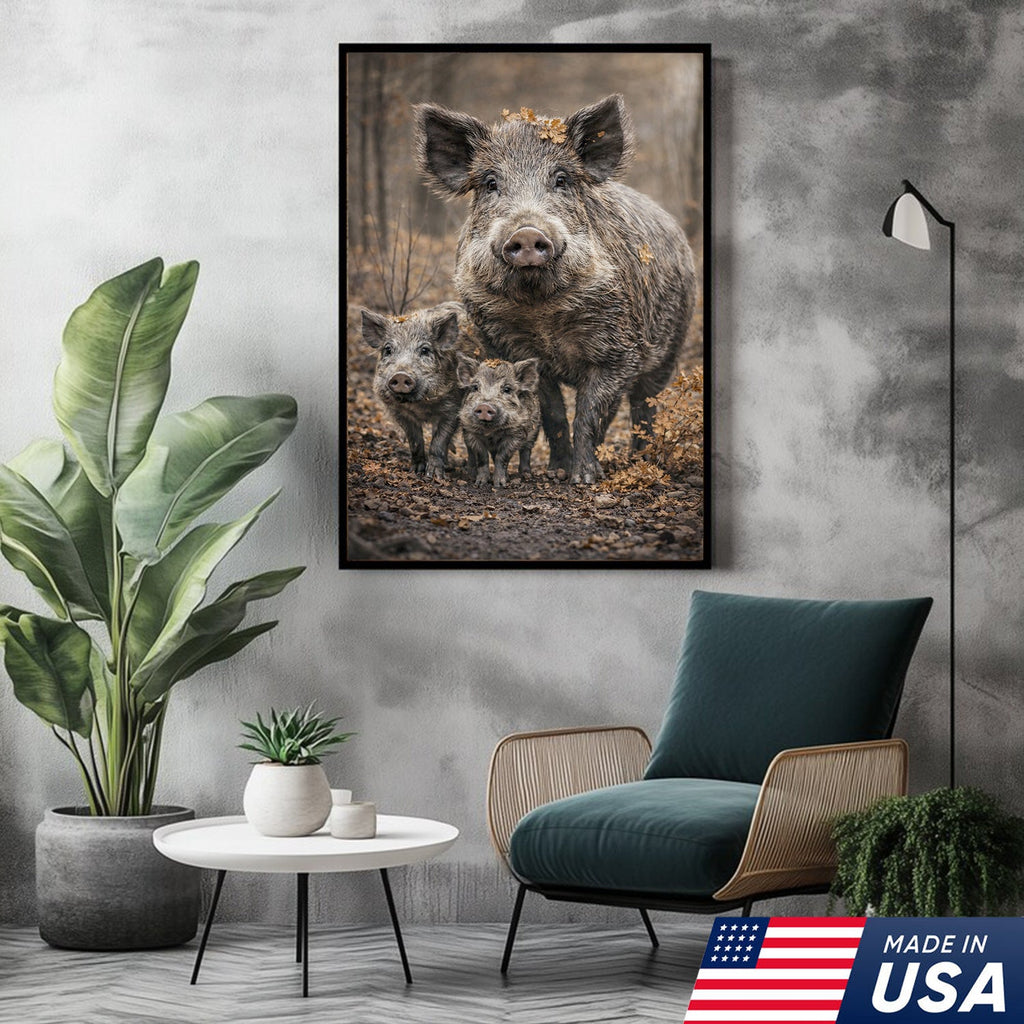 Wild Boar Family Canvas Wall Art – Rustic Forest Wildlife Animal Wall Decor