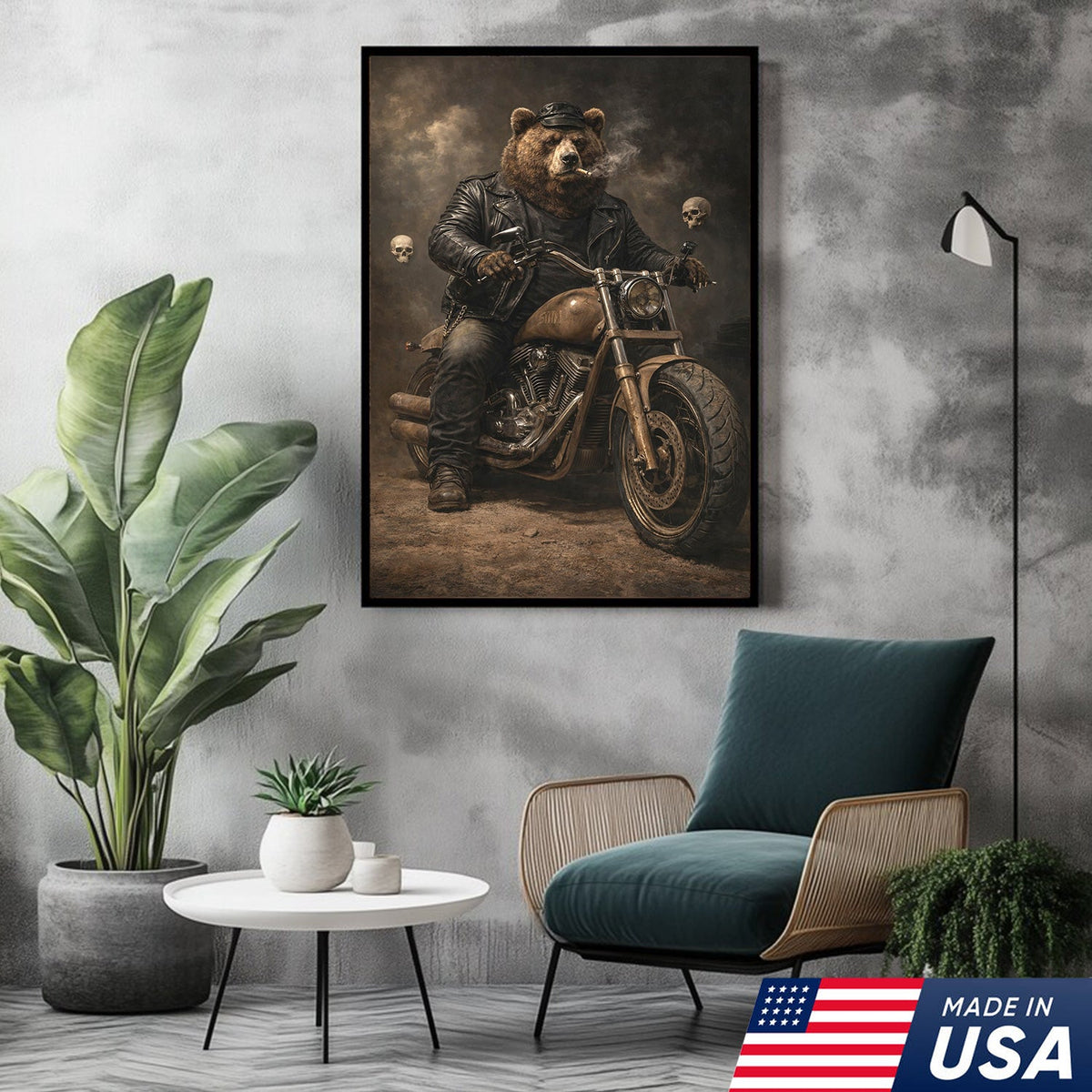 Bear Motorcycle Canvas Print Biker Animal Wall Art Man Cave Decor Gift