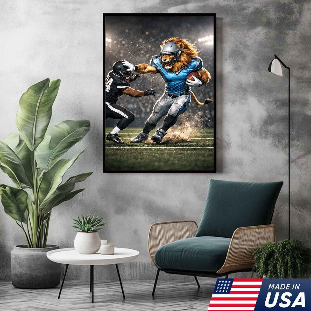 Fearless Lion Football Canvas Wall Art – Powerful Big Cat Athlete Stadium Action Print