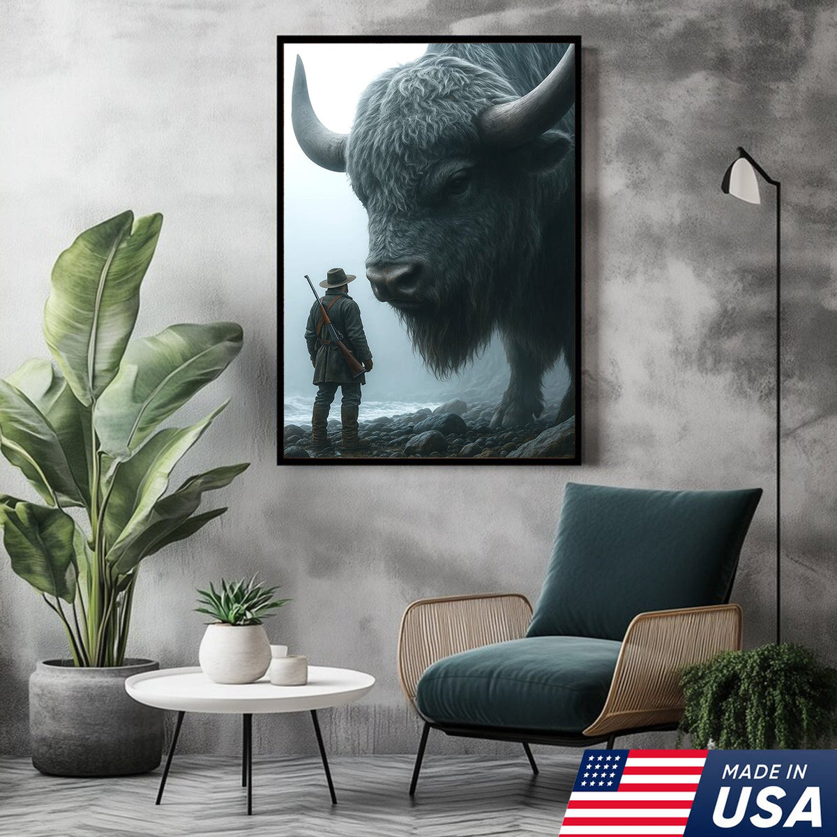 Giant Bison and Cowboy Wall Art Canvas, Western Hunter Standing by Buffalo Print