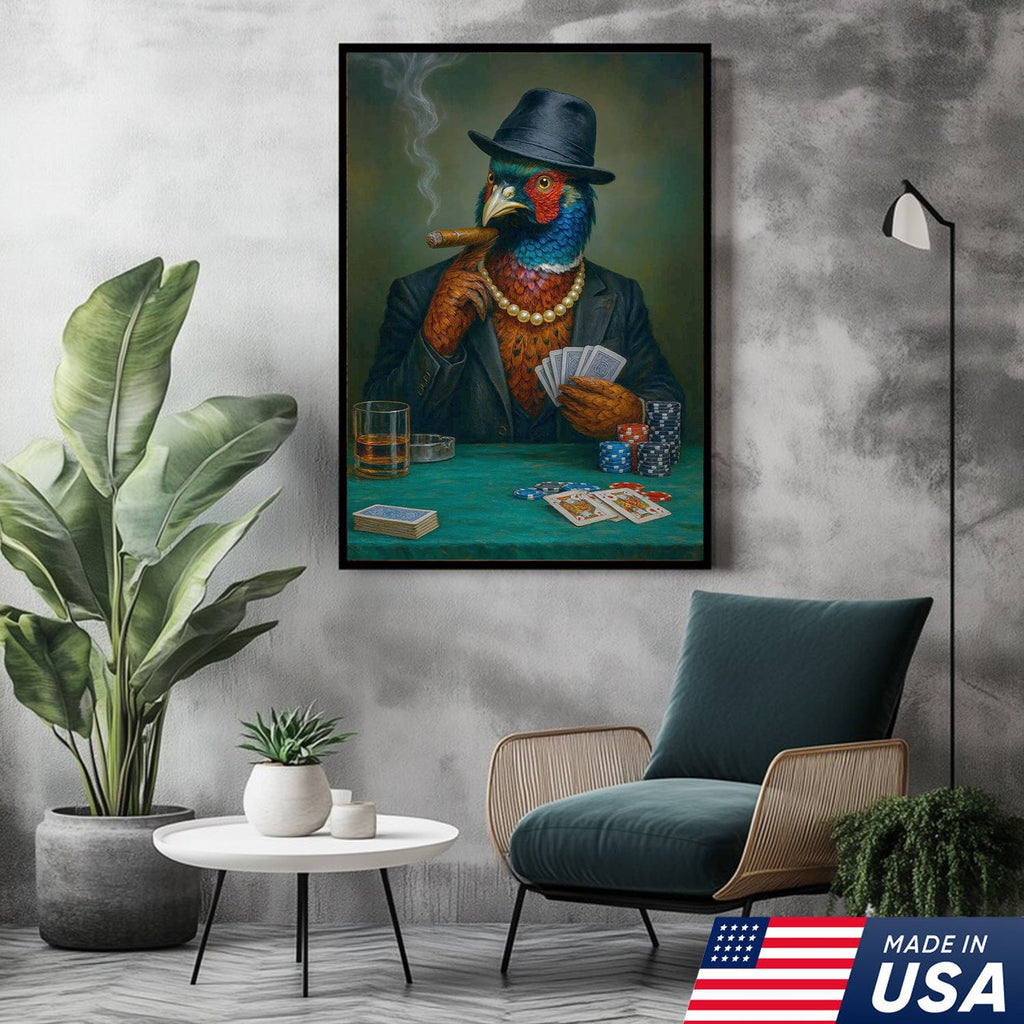 Funny Pheasant Poker Player Canvas Wall Art, Colorful Bird in Suit Casino Decor