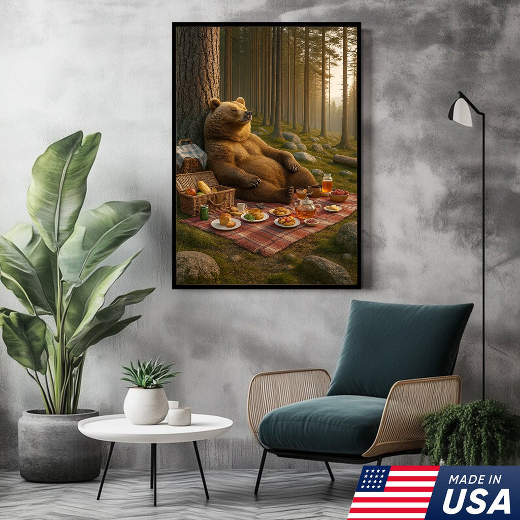 Bear Picnic Forest Wall Art Canvas – Relaxing Woodland Bear Canvas Print for Kitchen Cabin Decor