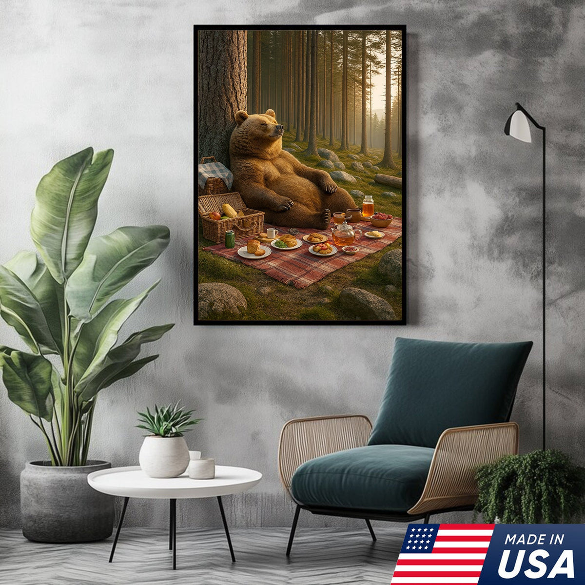 Bear Picnic Forest Wall Art Canvas – Relaxing Woodland Bear Canvas Print for Kitchen Cabin Decor