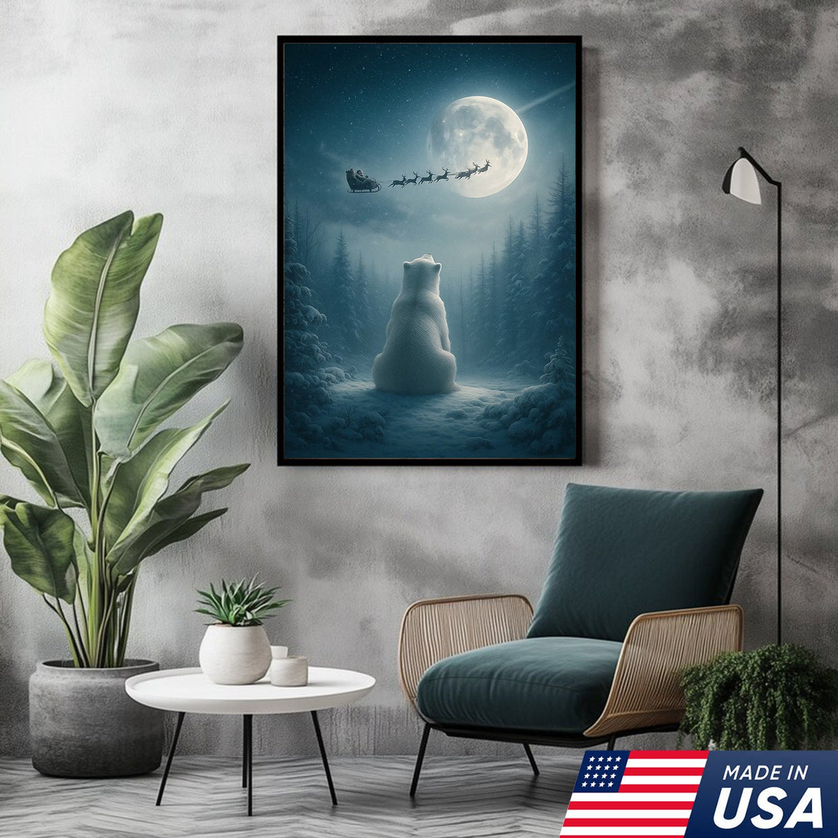 Christmas Polar Bear Santa Sleigh Wall Art Canvas, Winter Night Forest Moon Decor