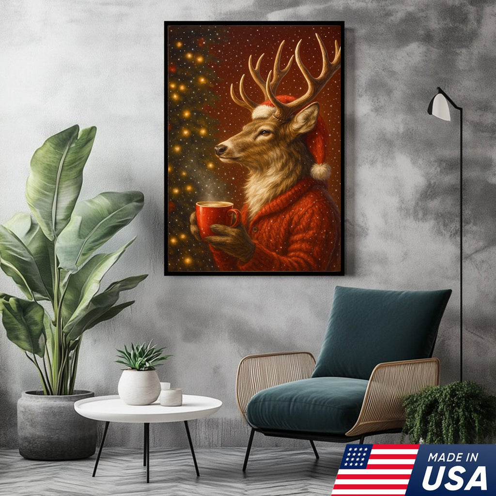 Christmas Deer Drink Coffee In Cozy Sweater Canvas Wall Art - Holiday Cabin Decor
