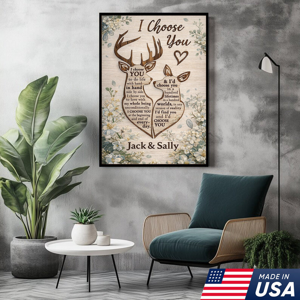 Personalized I Choose You Deer Canvas Wall Art, Custom Couple Love Quote Artwork