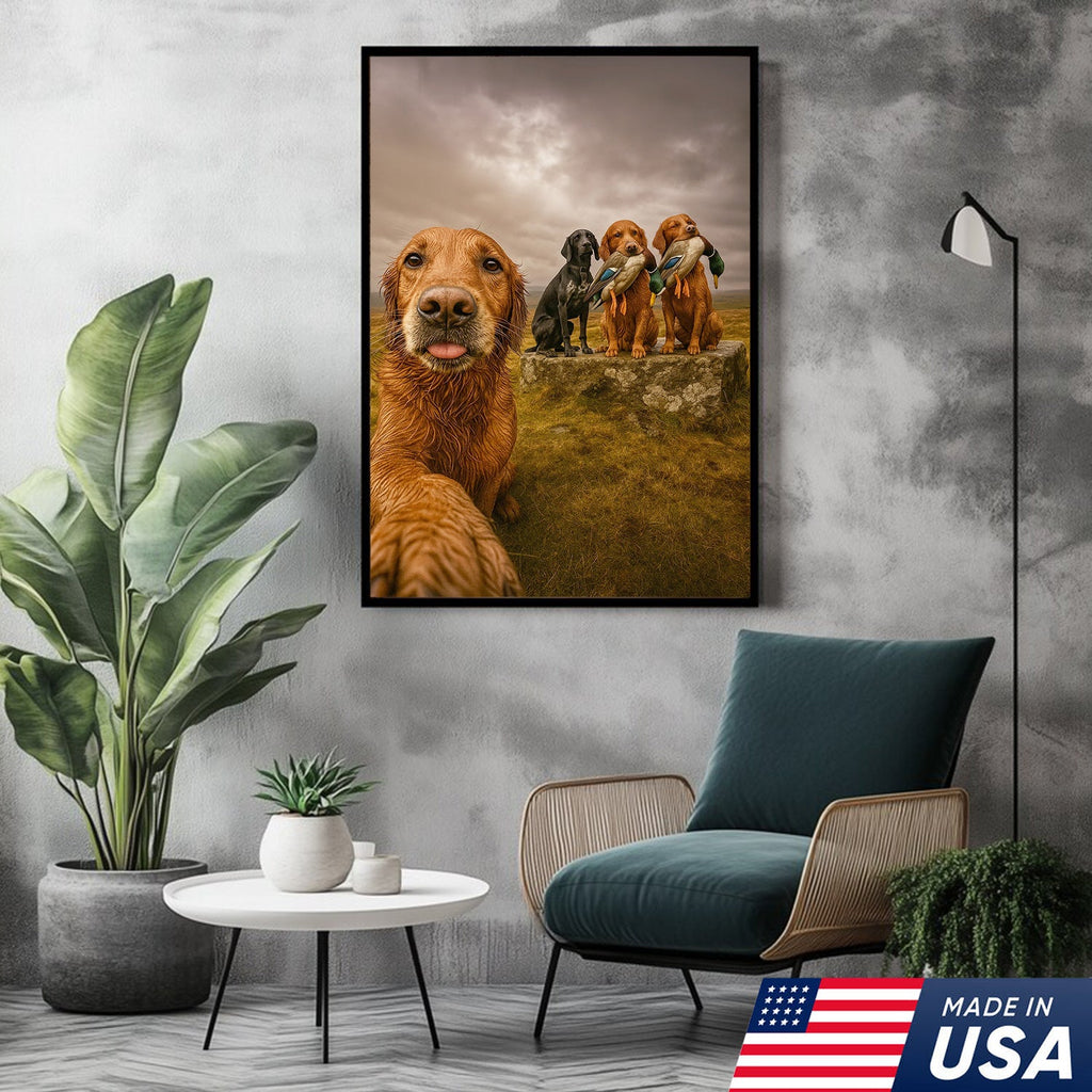 Hunting Dogs Selfie Canvas Art – Funny Retriever Group Photo with Ducks