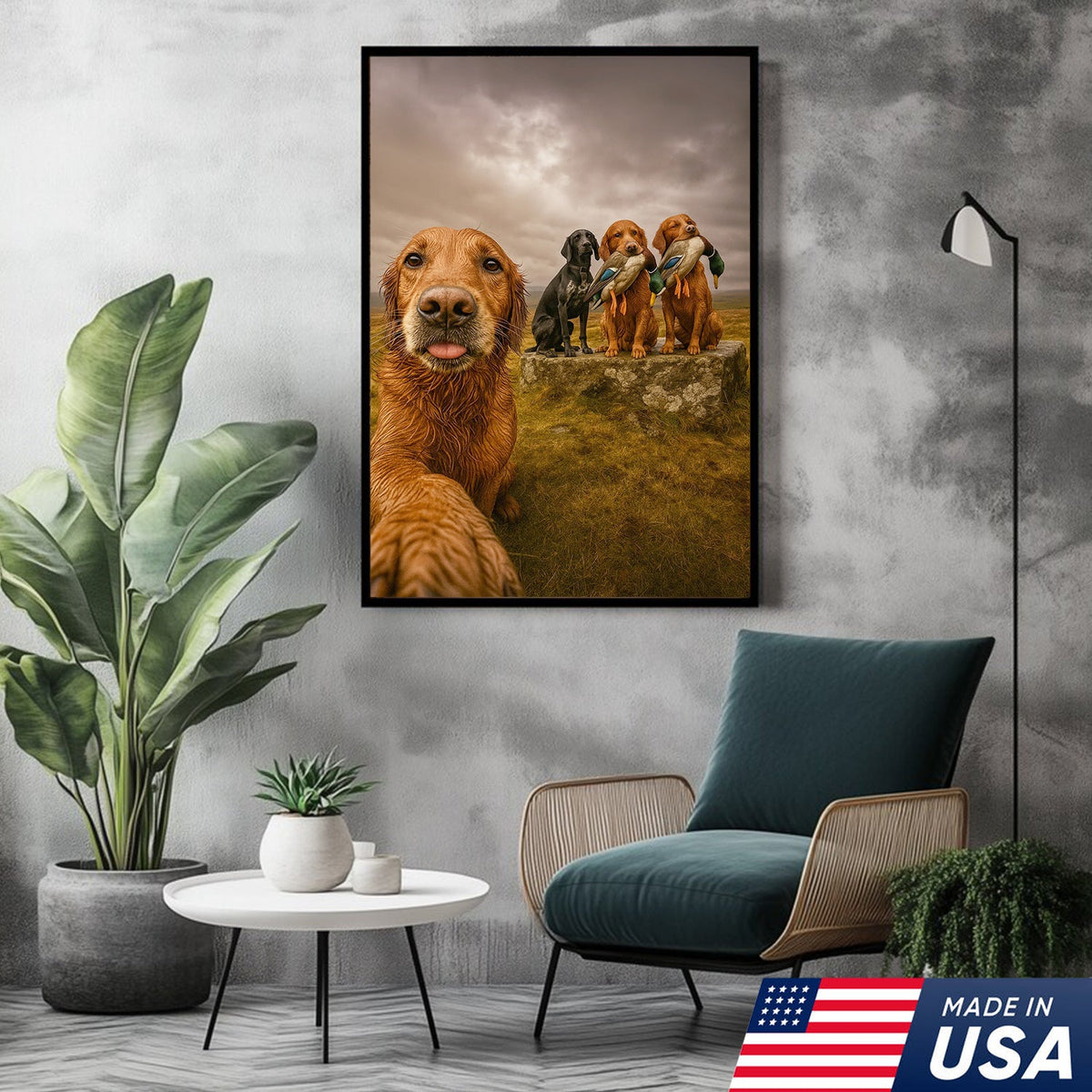 Hunting Dogs Selfie Canvas Art – Funny Retriever Group Photo with Ducks