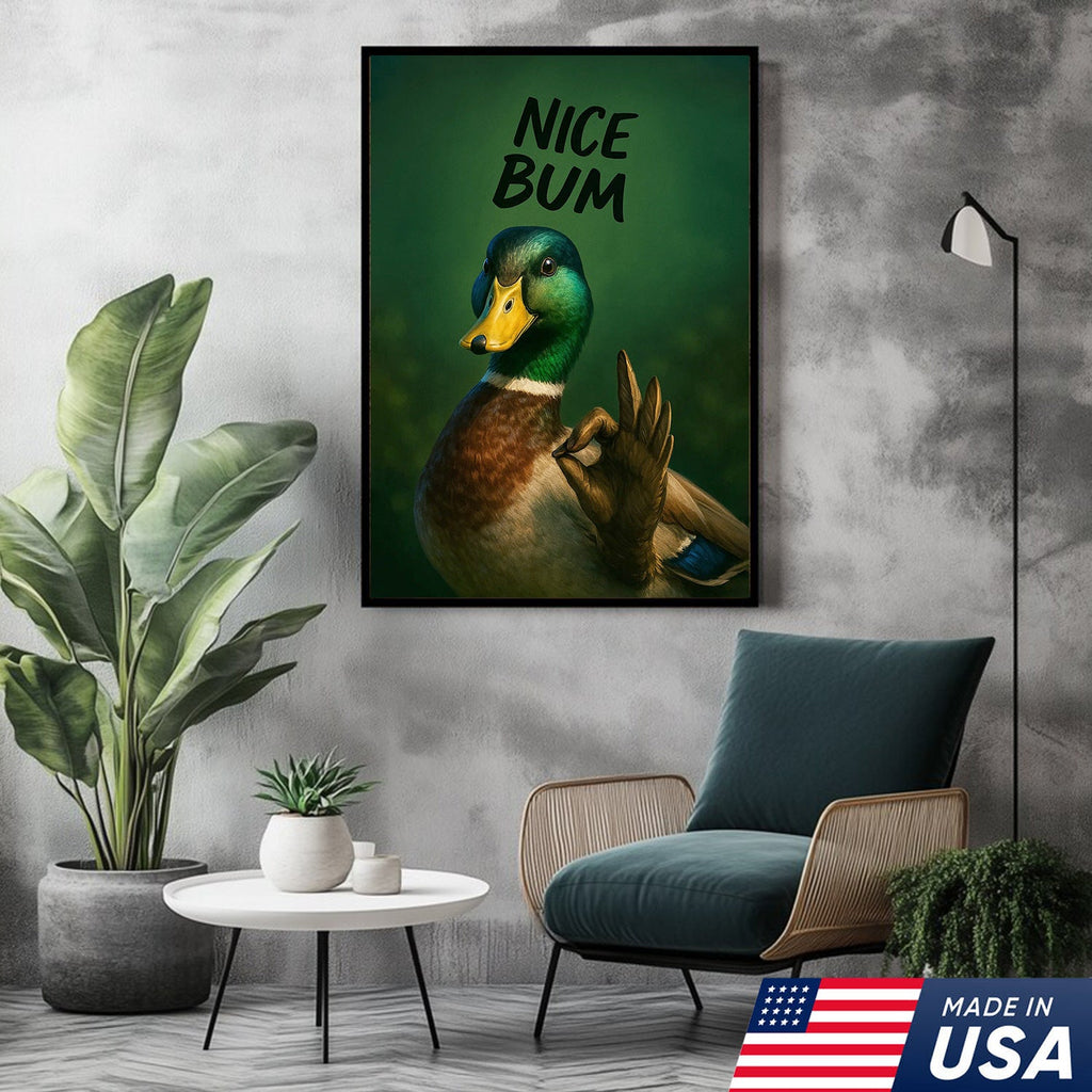 Cheeky Duck Canvas Wall Art – Funny Mallard Humor Print – Playful Rustic Lodge Bathroom Decor