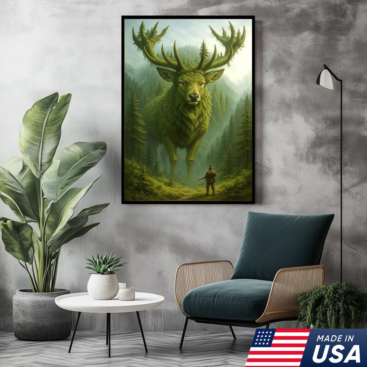 Forest Spirit Deer Wall Art Canvas, Giant Moss Elk with Hunter Fantasy Landscape