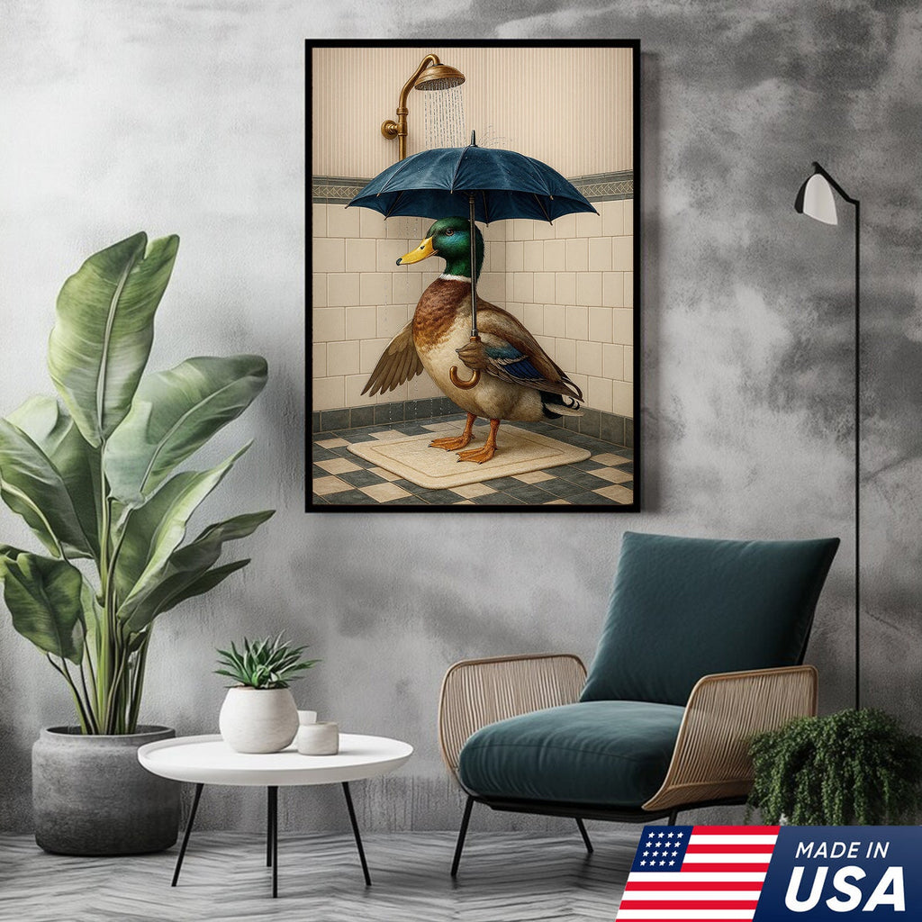 Duck with Umbrella in Shower Canvas Wall Art, Quirky Bathroom Wall Decor