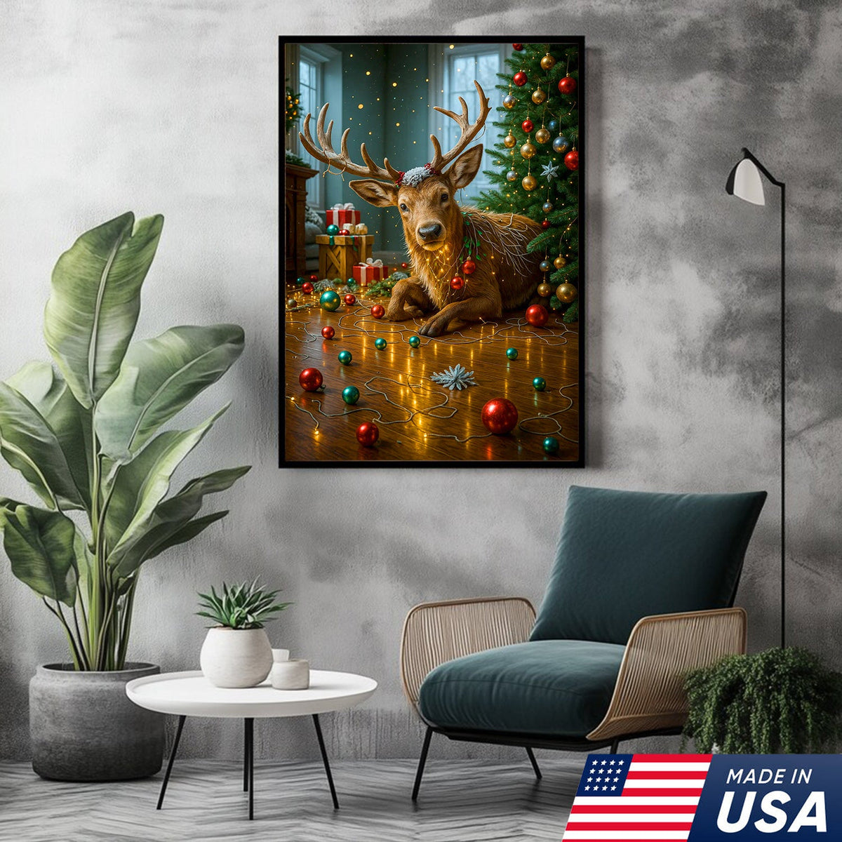 Christmas Reindeer Living Room Canvas Wall Art, Cute Deer With Christmas Tree and Ornaments